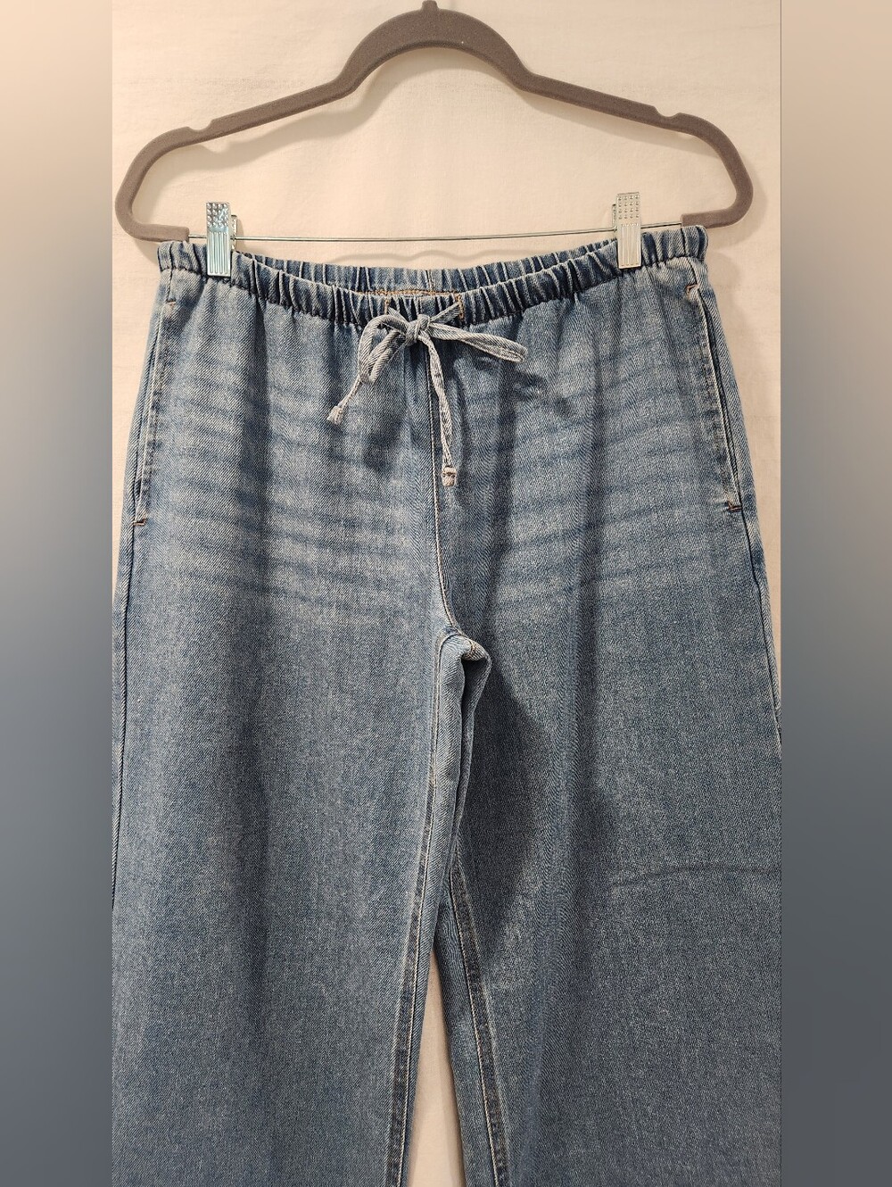 Wide Leg Mid Rise Drawstring Pull On Relaxed Cozy Jeans Size M - Picture 3 of 10